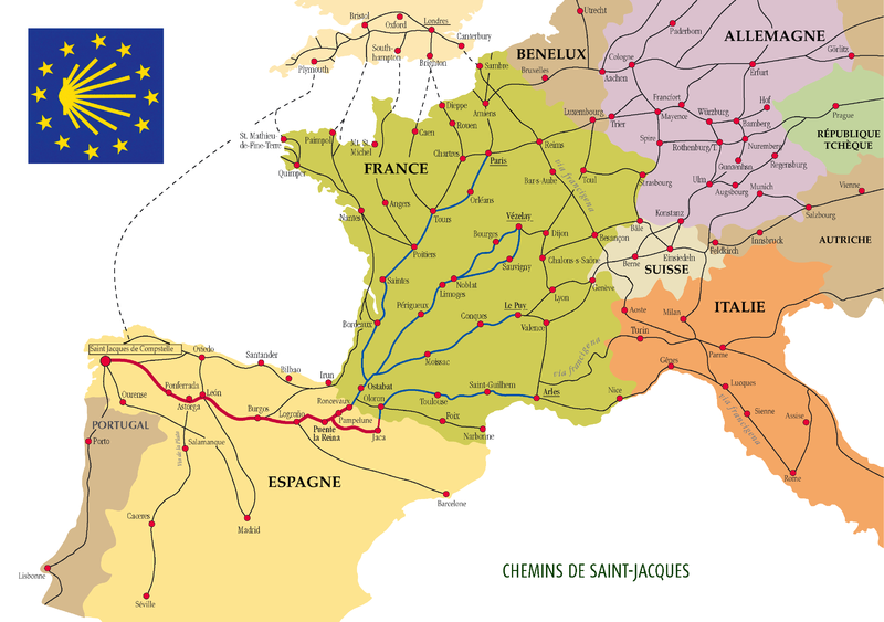 Map of the pilgrimage trail the Camino de Santiago. The most traveled route is in Northern Spain, and many routes go to that direction.